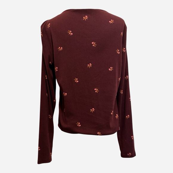 Old Navy Rib Knit Fitted Maroon Ditsy Floral Long Sleeve Top Tee Cottagecore XL - Picture 2 of 8